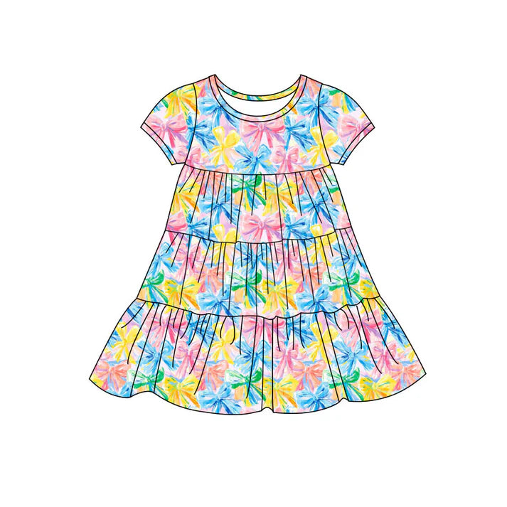 Preorder(moq 5) Baby Girls Colorful Bows Patchwork Ruffle Knee Length Dresses 11.14