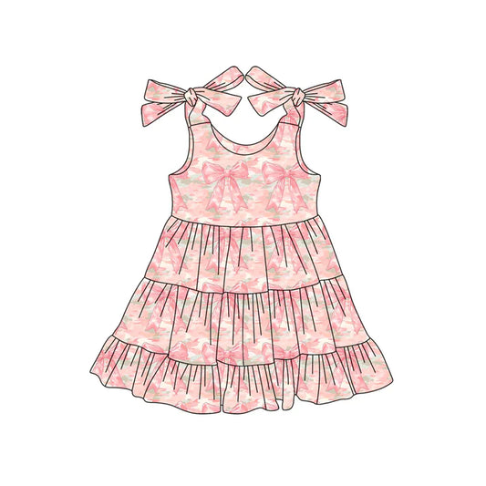 Preorder (moq 5)Baby Girls Bows Sleeveless Peach Camo Bows Ruffle Knee Length Dresses 6.11