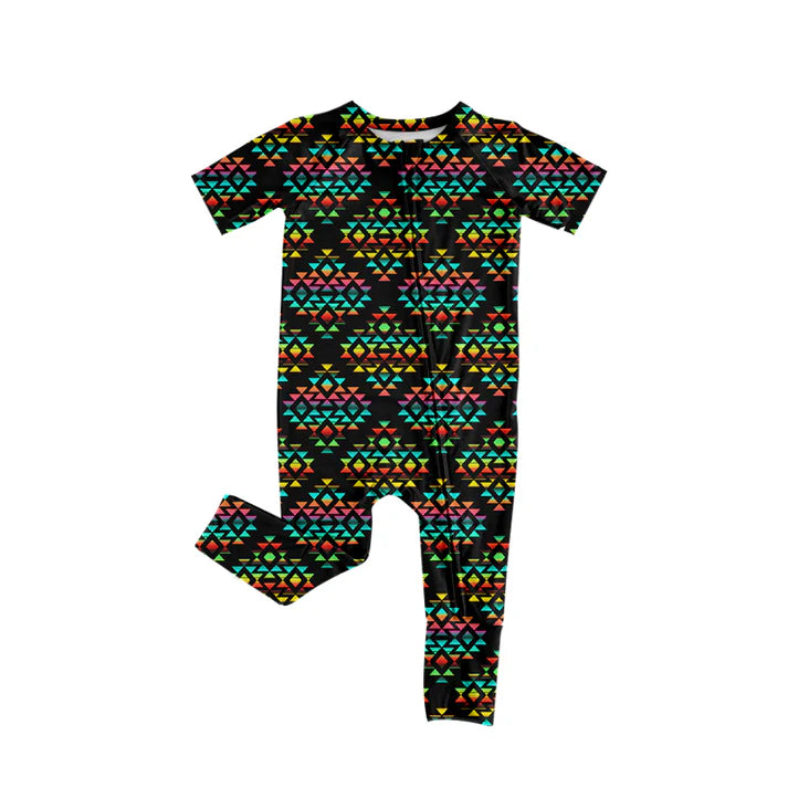 Preorder (moq 5)Baby Boys Short Sleeve Colorful Aztec Western Two Way Zip Convertible Rompers 12.18
