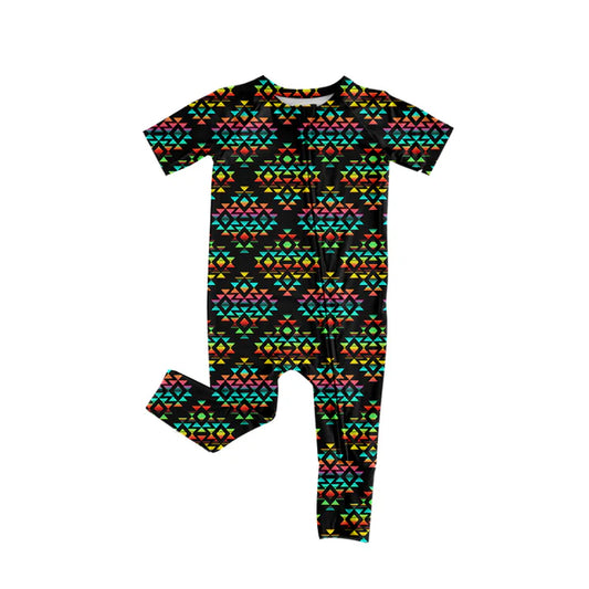 Preorder (moq 5)Baby Boys Short Sleeve Colorful Aztec Western Two Way Zip Convertible Rompers 12.18