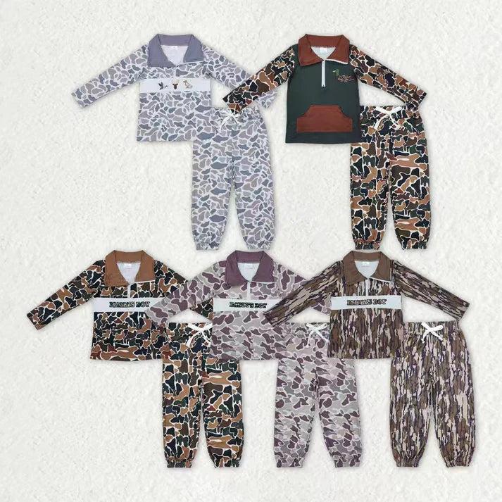 Sibling Baby Boys Camo Embroidery Mama's Boy Ducks Dogs Zipper Pullover Pockets Jogger Hunting Clothes Set 11.5