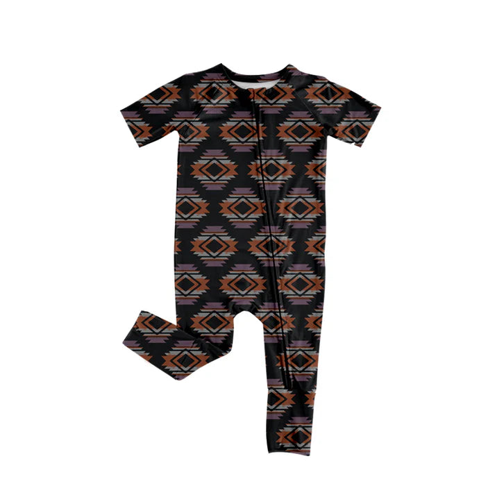 Preorder (moq 5)Baby Boys Short Sleeve Colorful Aztec Western Two Way Zip Convertible Rompers 12.18
