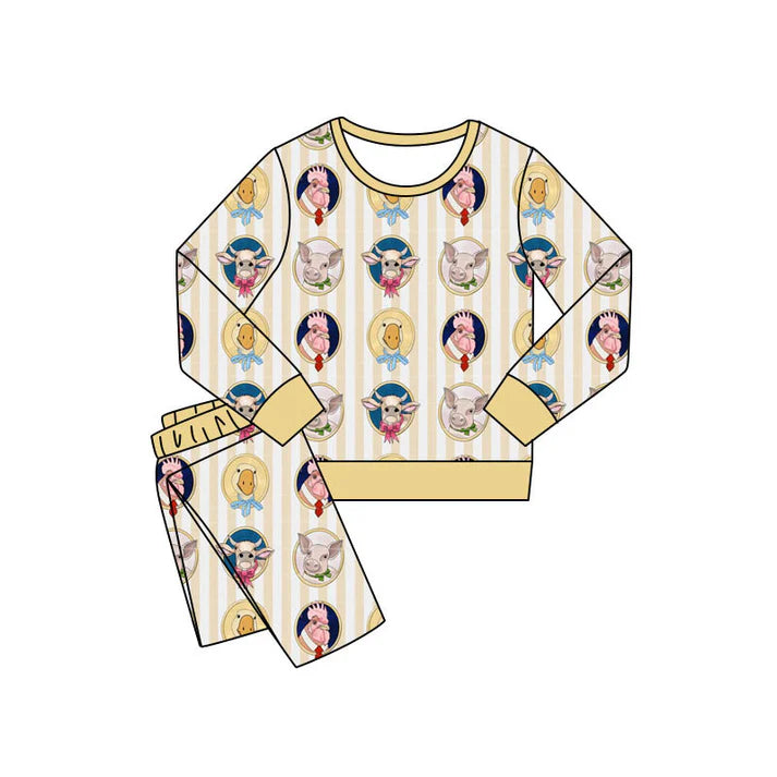 Preorder(moq 5) Baby Boys Yellow Stripe Pigs Chicks Pants Farm Pajamas Sets 11.8