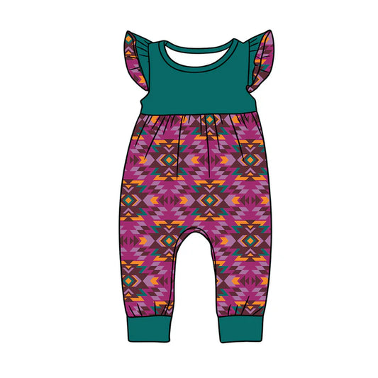 preorder(moq 5) Baby Girls Flutter Sleeve Western Hot Pink Aztec Rompers 1.9