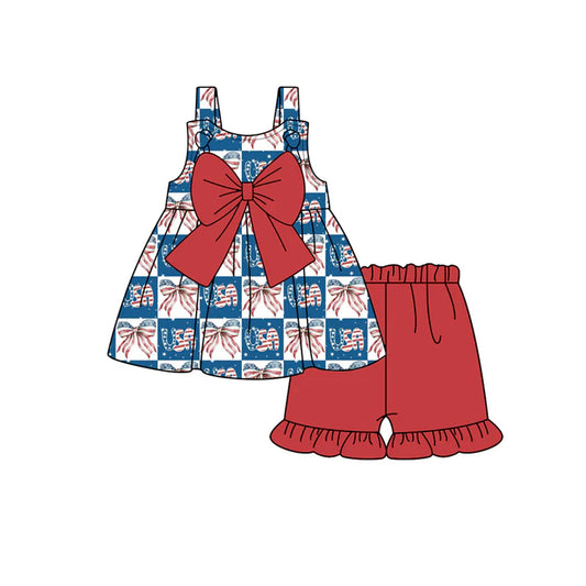 Preorder moq 5 Baby Girls Strap Blue Red USA Bows Tunic Ruffle Short 4th Of July Set 4.23