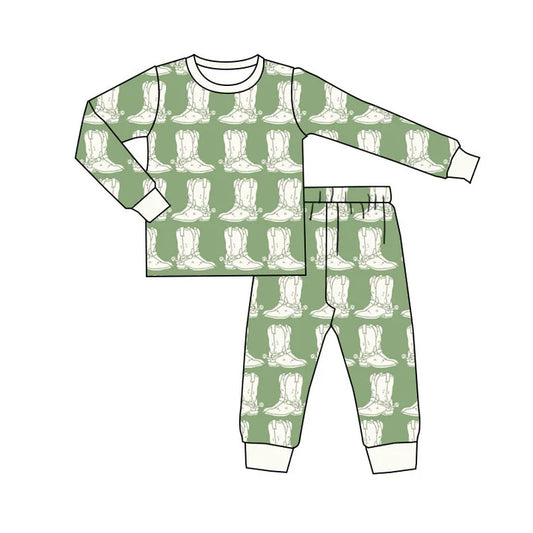 Preorder(moq 5) Baby Boys Green Boots Plaid Pants Western Pajamas Sets 11.8
