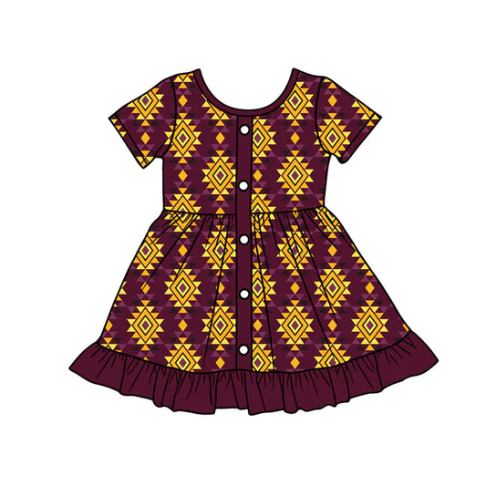 Preorder (moq 5)Baby Girls Western Red Yellow Aztec Ruffle Knee Length Dresses 1.9