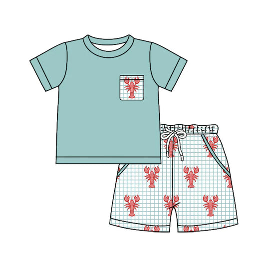 Preorder (moq 5)Baby Boys Aqua Shirt Top Crayfishes Checked Pockets Shorts Clothes Set 12.19