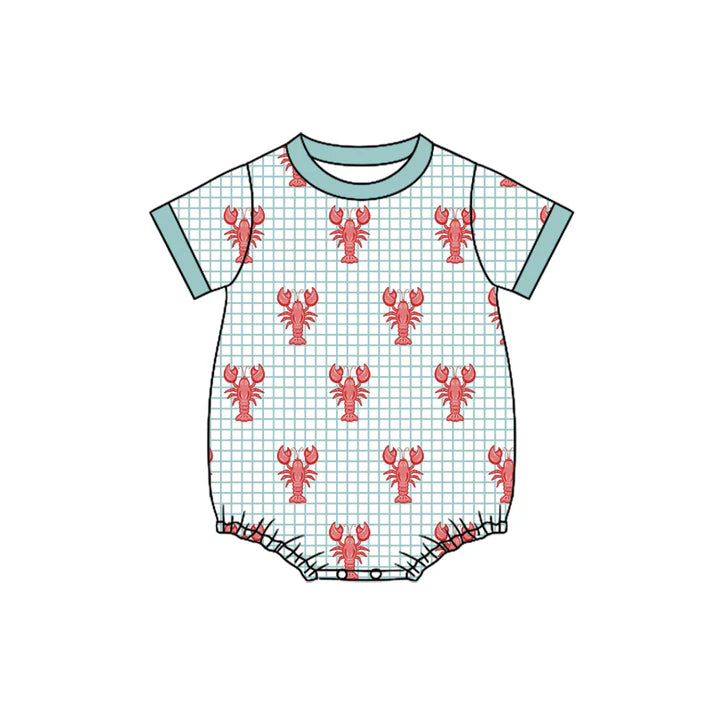 Preorder (moq 5)Baby Boys Short Sleeve Aqua Checked Crayfishes Rompers 12.19
