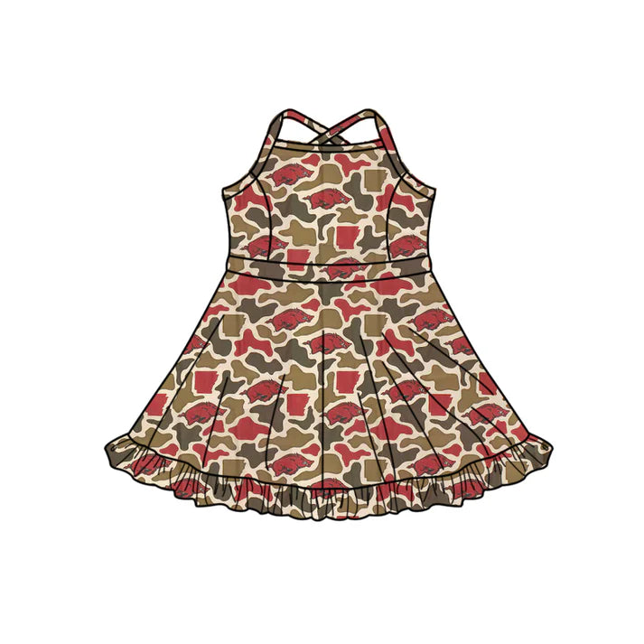 Preorder (moq 5)Baby Girls Strap Southern Red Camo Bulls Team Ruffle Knee Length Dress 1.7