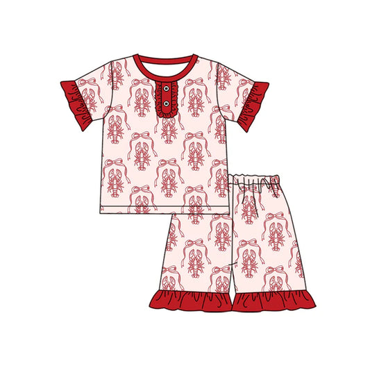 Preorder (moq 5)Baby Girls Red Bows Crayfishes Button Top Ruffle Shorts Pajamas Set 12.19
