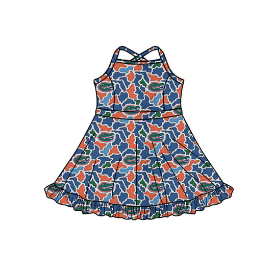 Preorder (moq 5)Baby Girls Strap Southern Blue Camo Crocodiles Team Ruffle Knee Length Dress 1.7