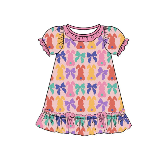 Preorder (moq 8)Baby Girls Colorful Bows Rabbits Easter Ruffle Knee Length Dresses 9.17