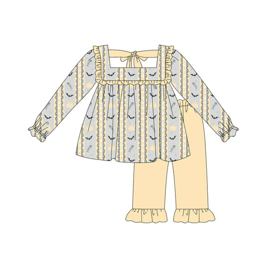 Preorder (moq 5)Baby Girls Long Sleeves Yellow Pumpkins Bats Tunic Ruffle Pant Set 6.3