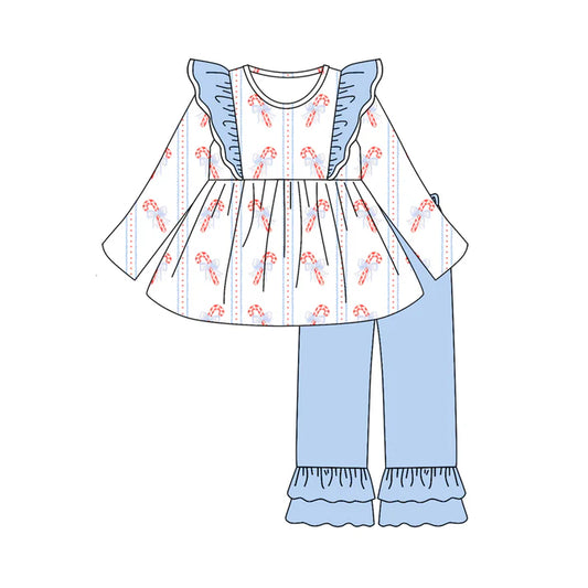 Preorder (moq 5)Baby Girls Long Sleeves Bows Candy Cane Stripe Tunic Ruffle Pant Sets 6.19