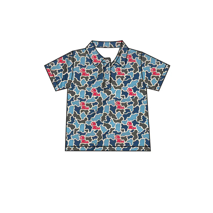 Preorder (moq 5)Baby Boys Southern Blue Camo Ole Miss Team Button Polo Shirts Top 1.8
