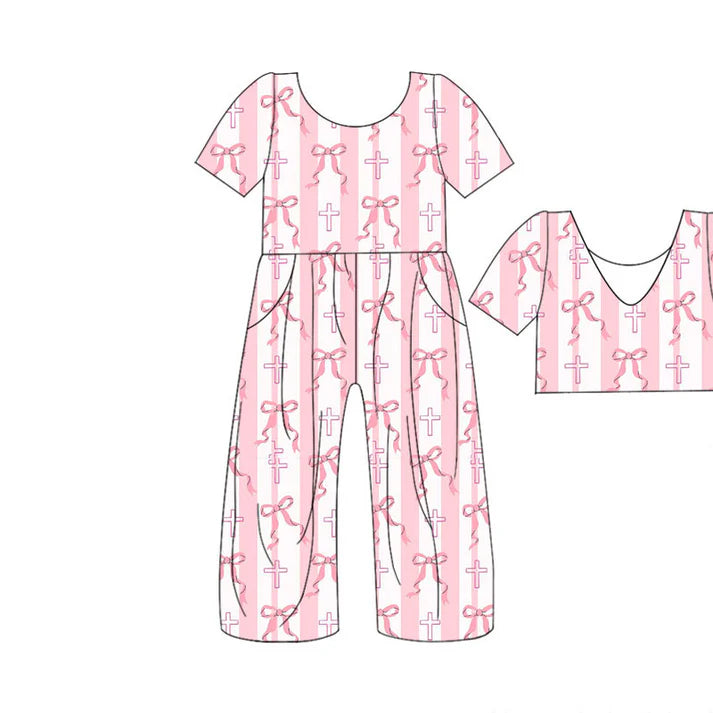 Preorder(moq 5) Baby Girls Pink Bows Crosses Pockets Pants Easter Jumpsuits 10.29