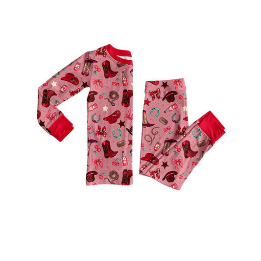 Preorder(moq 5) Baby Girls Red Stars Boots Hats Top Pants Western Pajamas Set 10.23