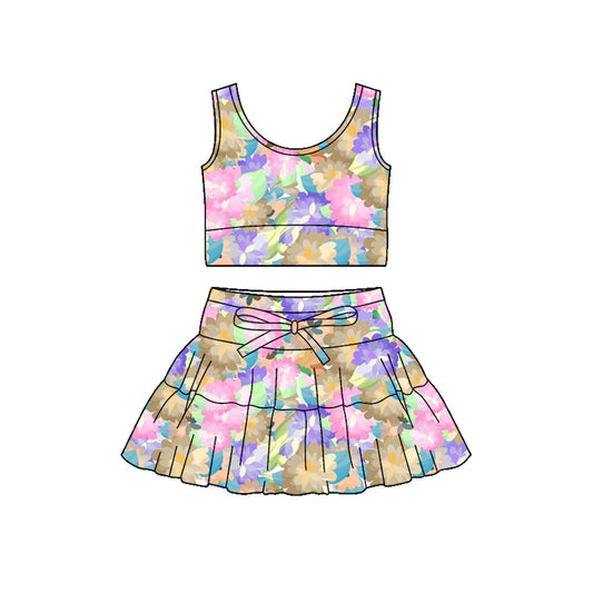 Preorder (moq 5)Baby Girls Sleeveless Colorful Flowers Vest Top Skirt Shorts Clothes Sets 12.19