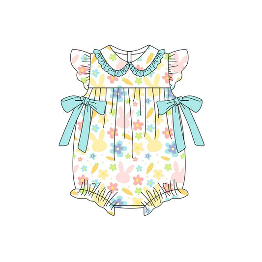Preorder (moq 5)Baby Girls Flutter Sleeve Colorful Rabbits Flowers Bows Easter Ruffle Rompers 11.11