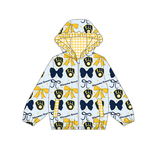 Preorder(moq 5)Baby Girls Navy Yellow Bows Milvsaukee Pocket Zipper Team Ruffle Hoodies Jackets 10.16