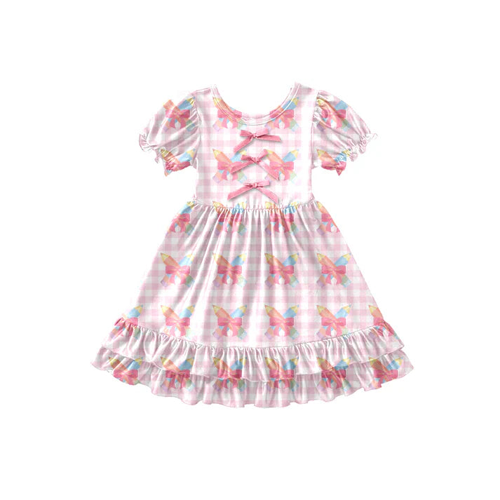 Preorder (moq 5)Baby Girls Pink Checked Pencil Bows Back to School Ruffle Knee Length Dress 12.26