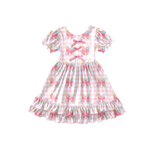Preorder (moq 5)Baby Girls Pink Checked Pencil Bows Back to School Ruffle Knee Length Dress 12.26
