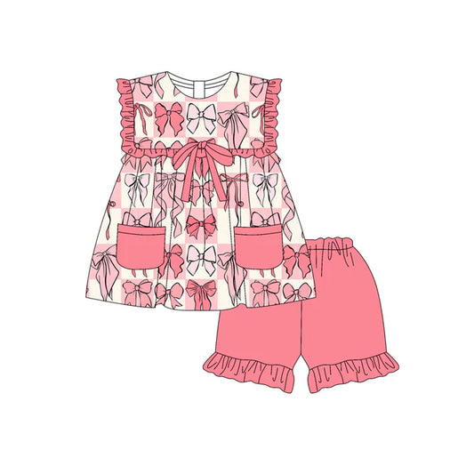 Preorder moq 5 Baby Girls Sleeveless Pink Bows Pockets Tunic Ruffle Short Set 4.19