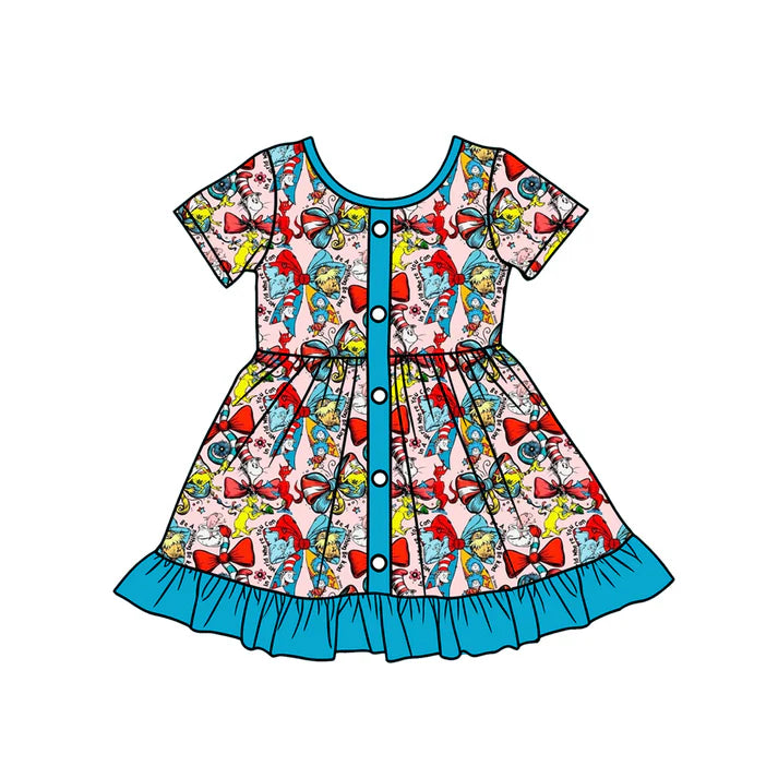 Preorder (moq 5)Baby Girls Short Sleeve Cartoon Dr Reading Button Ruffle Knee Length Dresses 1.9