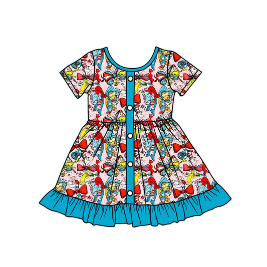 Preorder (moq 5)Baby Girls Short Sleeve Cartoon Dr Reading Button Ruffle Knee Length Dresses 1.9