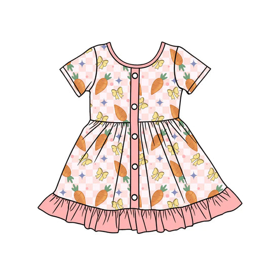 Preorder (moq 5)Baby Girls Peach Checked Carrots Bows Button Easter Ruffle Knee Length Dresses 12.12
