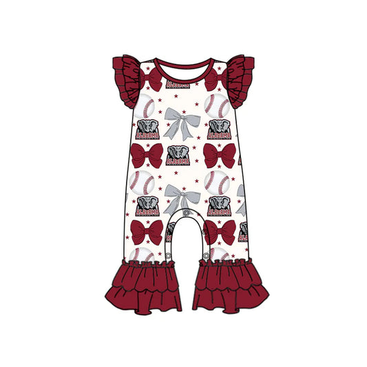 Preorder (moq 5)Baby Girls Dark Red Flutter Sleeves Baseball Bows Alabama Ruffle Pant Team Rompers 6.16