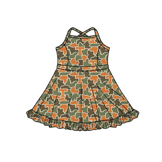 Preorder (moq 5)Baby Girls Strap Southern Orange Camo T Team Ruffle Knee Length Dress 1.7