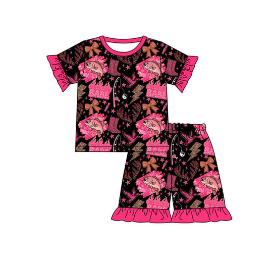 Preorder(moq 5) Baby Girls Pink Deer Ducks Fishing Hunting Ruffle Shorts Pajamas Sets 11.8