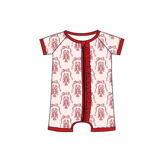 Preorder (moq 5)Baby Girls Short Sleeve Red Crayfishes Ruffle Zipper Shorts Rompers 12.19