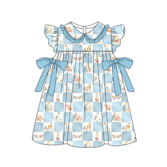 Preorder(moq 5) Baby Girls Blue Checked Rabbits Bows Easter Collar Knee Length Dresses 11.19