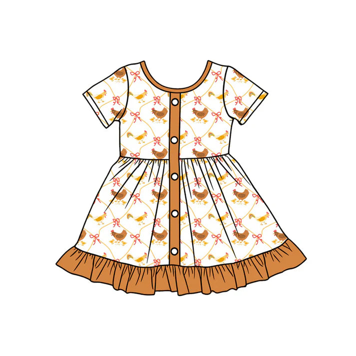 Preorder (moq 5)Baby Girls Bows Chicks Checked Button Ruffle Farm Knee Length Dresses 1.9