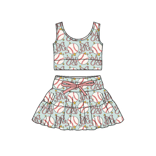 Preorder (moq 5)Baby Girls Sleeveless Baseballs Bows Vest Top Skirt Shorts Team Clothes Sets 12.19