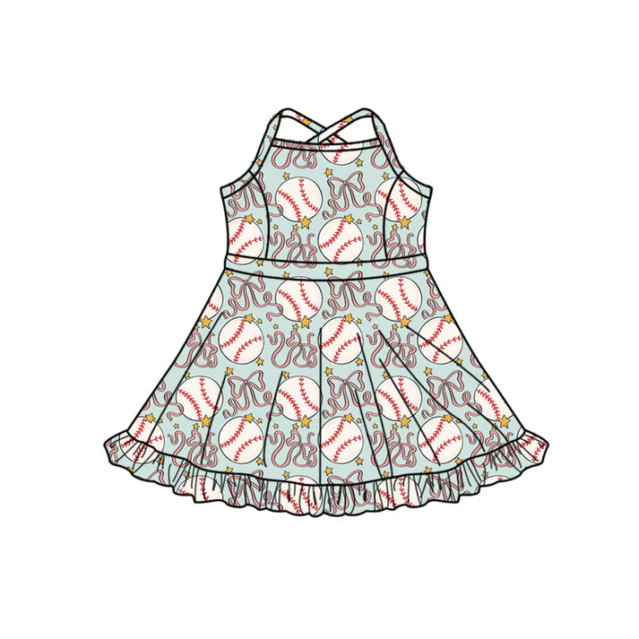 Preorder (moq 5)Baby Girls Strap Baseballs Bows Shorts Ruffle Team Knee Length Dresses 12.19