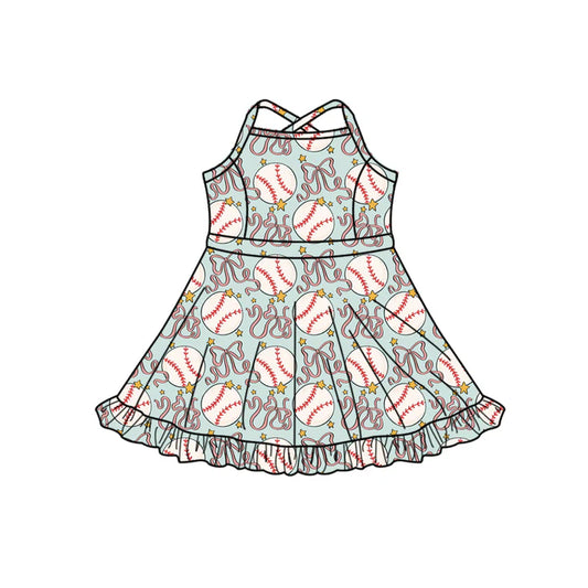 Preorder (moq 5)Baby Girls Strap Baseballs Bows Shorts Ruffle Team Knee Length Dresses 12.19