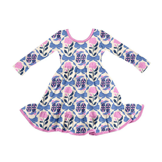 Preorder (moq 8)Baby Girls Pink Blue Bows Flowers Boots Ruffle Knee Length Dresses 9.23