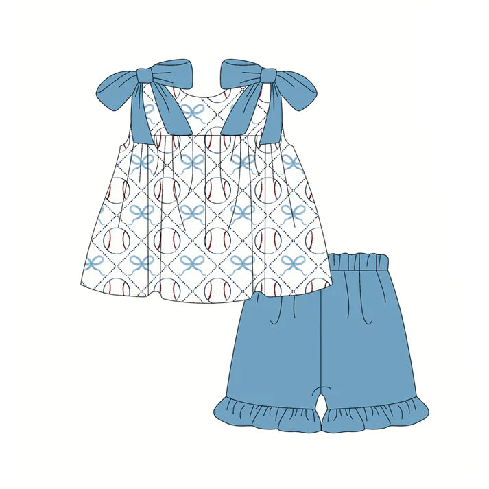 Preorder (moq 5)Baby Girls Blue Bows Baseballs Checked Tunic Ruffle Shorts Team Clothes Set 12.19