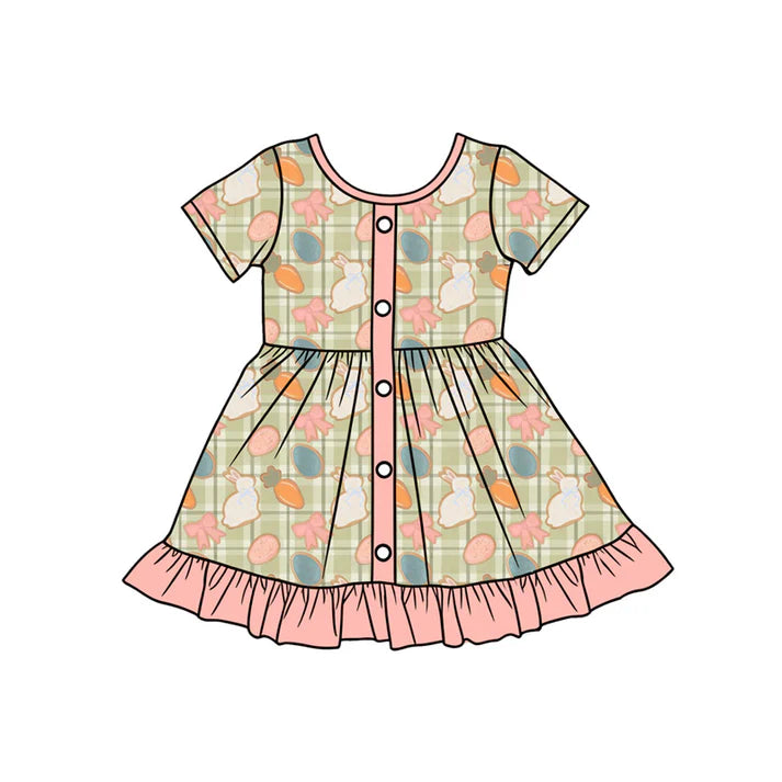 Preorder (moq 5)Baby Girls Carrots Rabbits Checked Button Ruffle Easter Knee Length Dresses 1.9