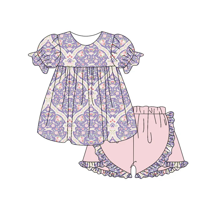 Preorder (moq 5)Baby Girls Flowers Checked Tunic Ruffle Shorts Clothes Sets 12.5