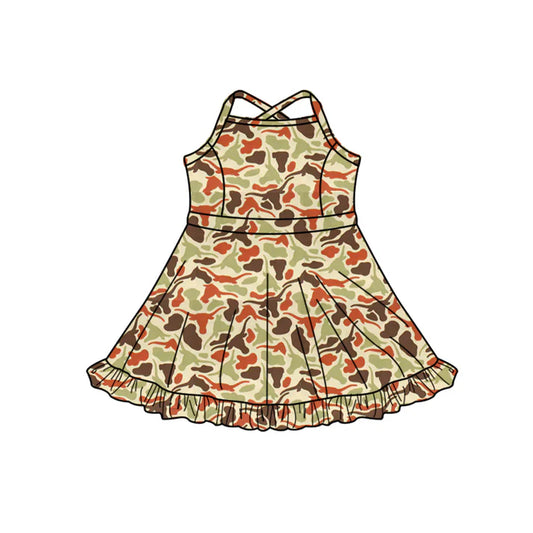 Preorder (moq 5)Baby Girls Strap Southern Camo Bull Skulls Team Ruffle Knee Length Dress 1.7