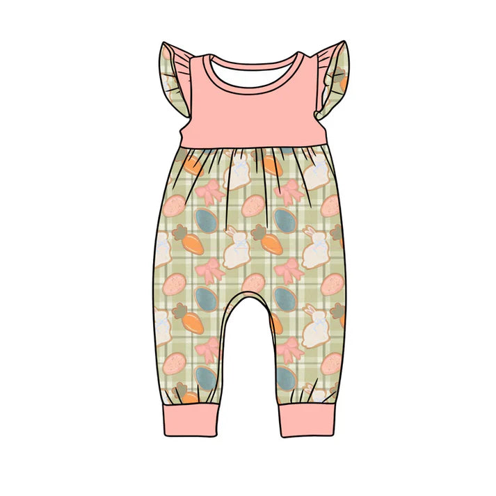 preorder(moq 5) Baby Girls Flutter Sleeve Carrots Rabbits Checked Easter Rompers 1.9