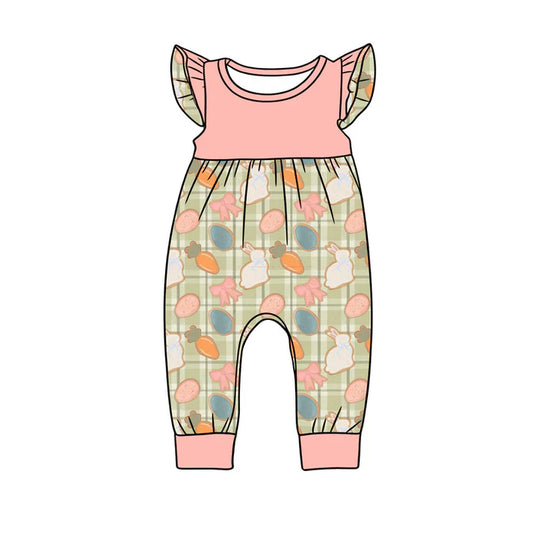 preorder(moq 5) Baby Girls Flutter Sleeve Carrots Rabbits Checked Easter Rompers 1.9