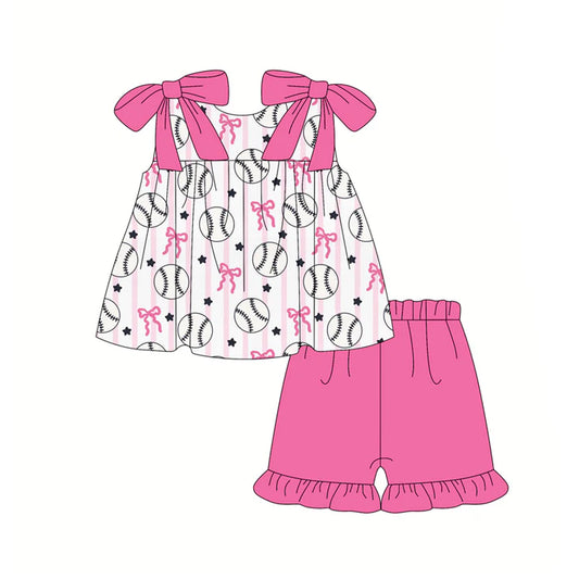 Preorder (moq 5)Baby Girls Pink Stripe Bows Baseballs Tunic Ruffle Shorts Team Clothes Set 12.19