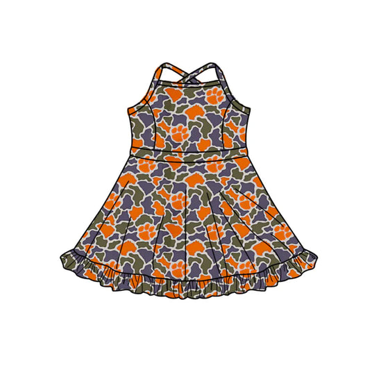Preorder (moq 5)Baby Girls Strap Southern Orange Camo Pawls Team Ruffle Knee Length Dress 1.7