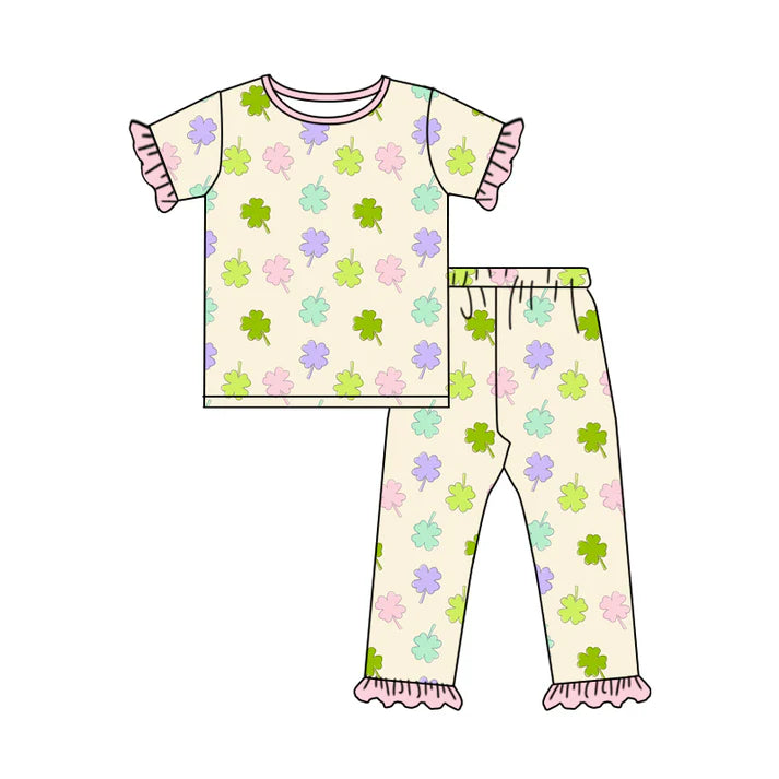 Preorder (moq 5)Baby Girls Colorful Clovers Top Ruffle Pants St Patrick Pajamas Set 12.18